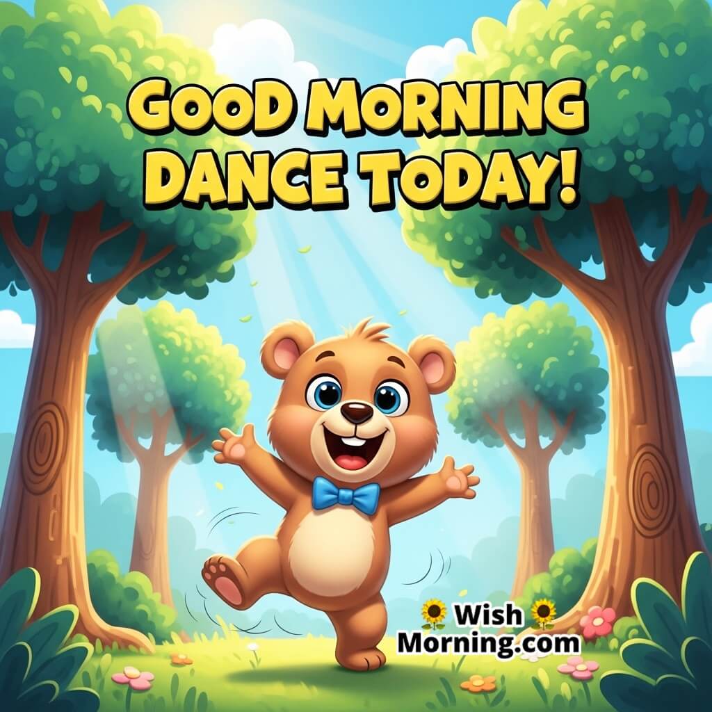 Good Morning Dance Today featuring a baby bear doing a cute dance near trees, symbolizing fun and light-heartedness.