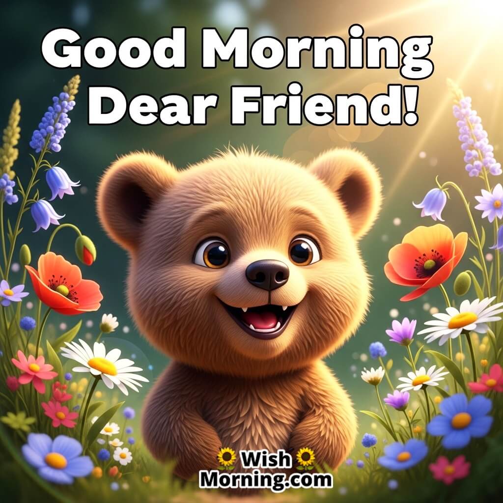Good Morning Dear Friend featuring a baby bear smiling near flowers in morning light, symbolizing kindness and warmth.