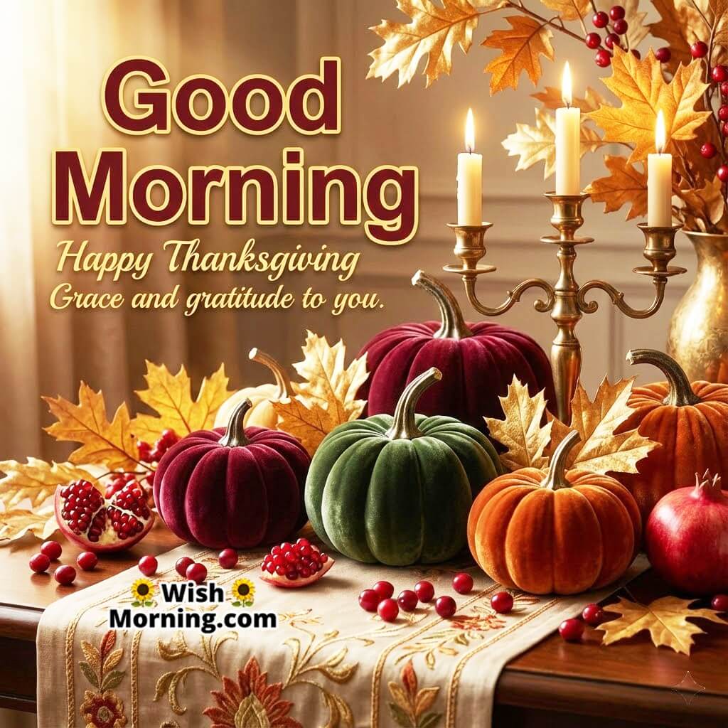 Good Morning Happy Thanksgiving card featuring golden leaves and premium décor symbolizing elegance and festive grace.