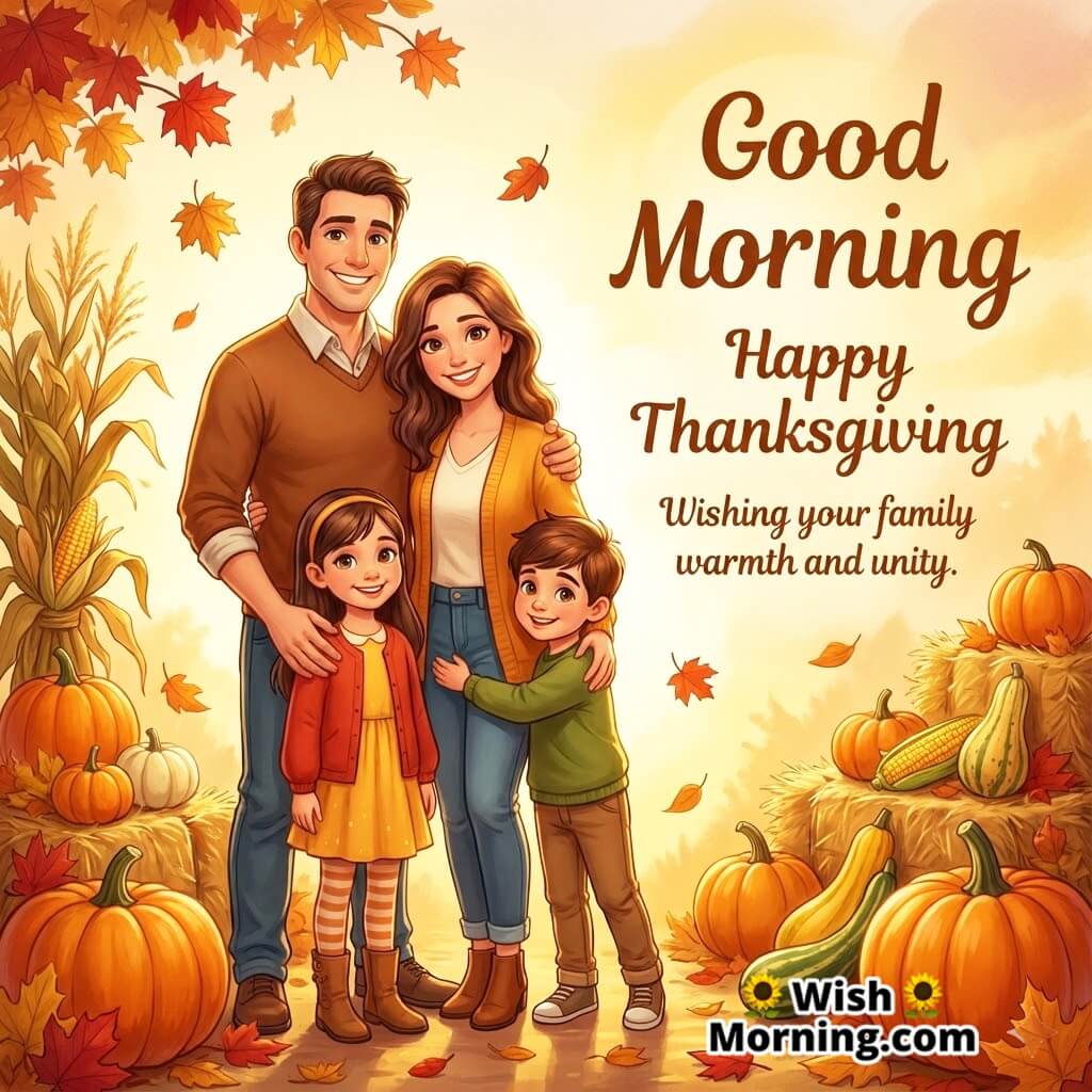 Good Morning Happy Thanksgiving card featuring a smiling family with festive décor symbolizing warmth and togetherness.