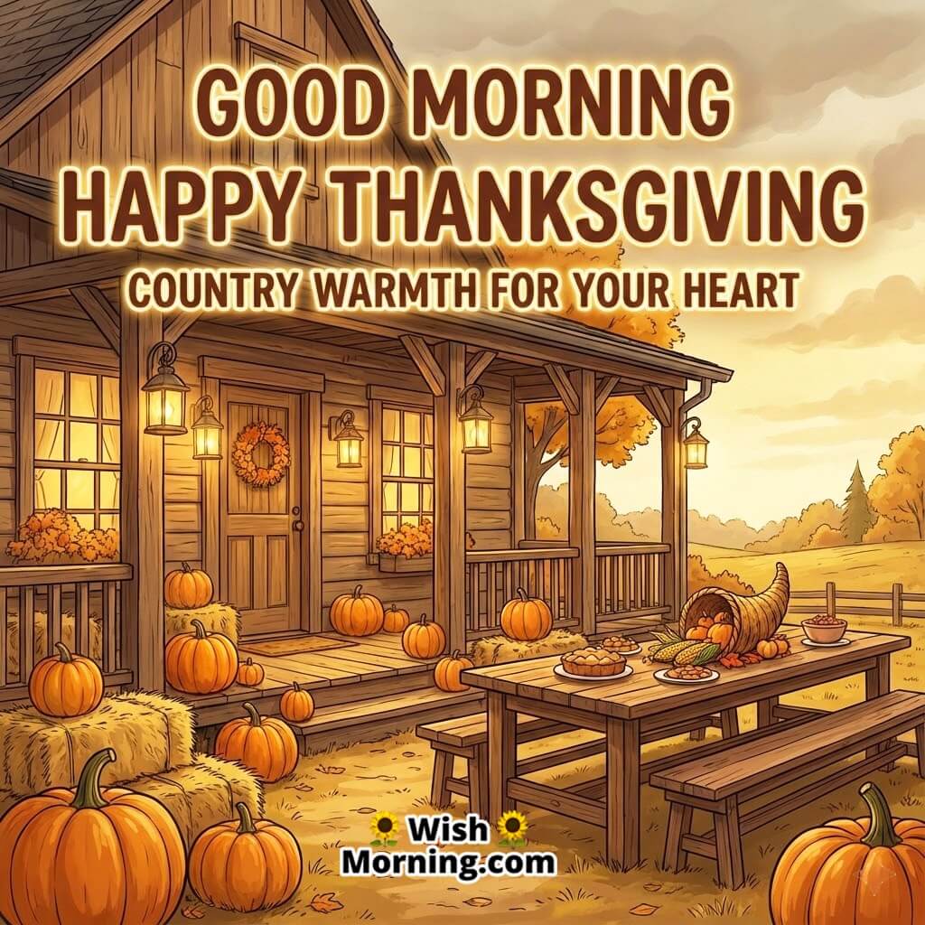 Good Morning Happy Thanksgiving card featuring farmhouse pumpkins and rustic décor symbolizing country warmth.