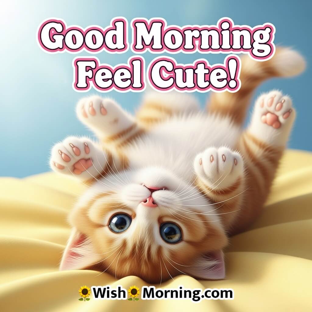 Good Morning Feel Cute featuring a kitten lying upside down with raised paws, symbolizing playful innocence.
