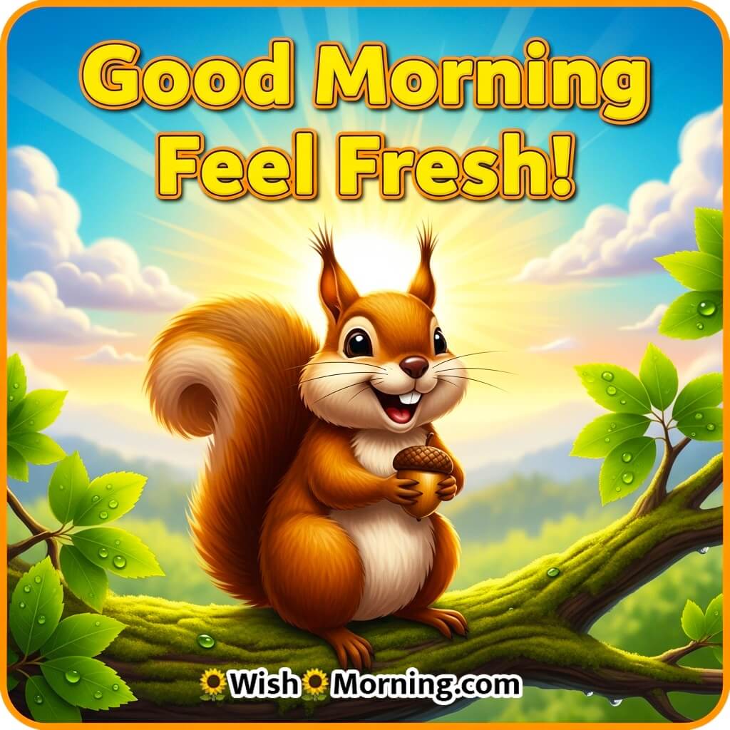 Good Morning Feel Fresh featuring a squirrel sitting on a sunlit branch with green leaves, symbolizing freshness and lightness.