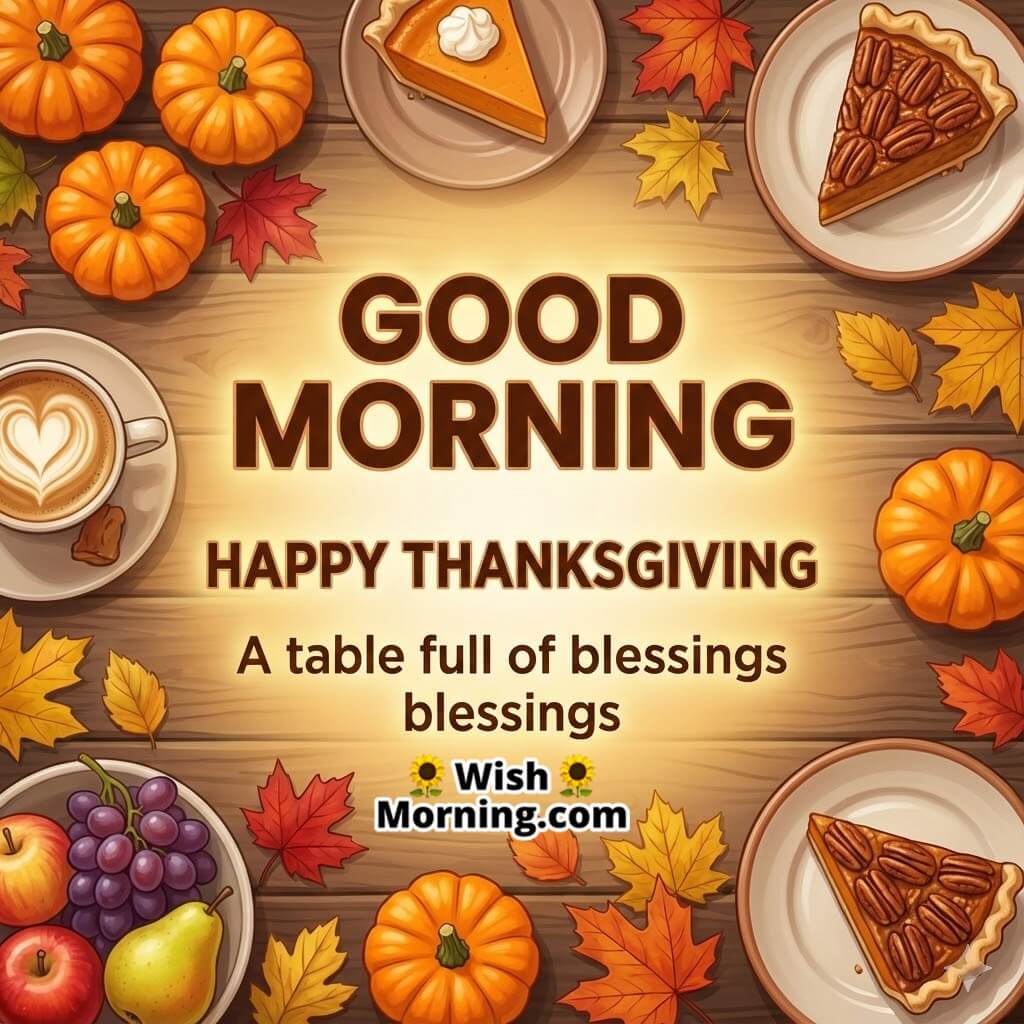 Good Morning Happy Thanksgiving card featuring pumpkins, pie, coffee, and fruits symbolizing abundance and morning blessings.