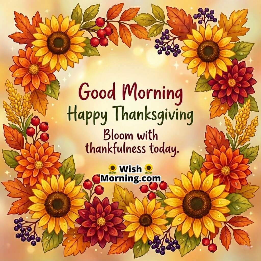 Good Morning Happy Thanksgiving card image featuring a floral autumn garland symbolizing beauty and thankful moments.