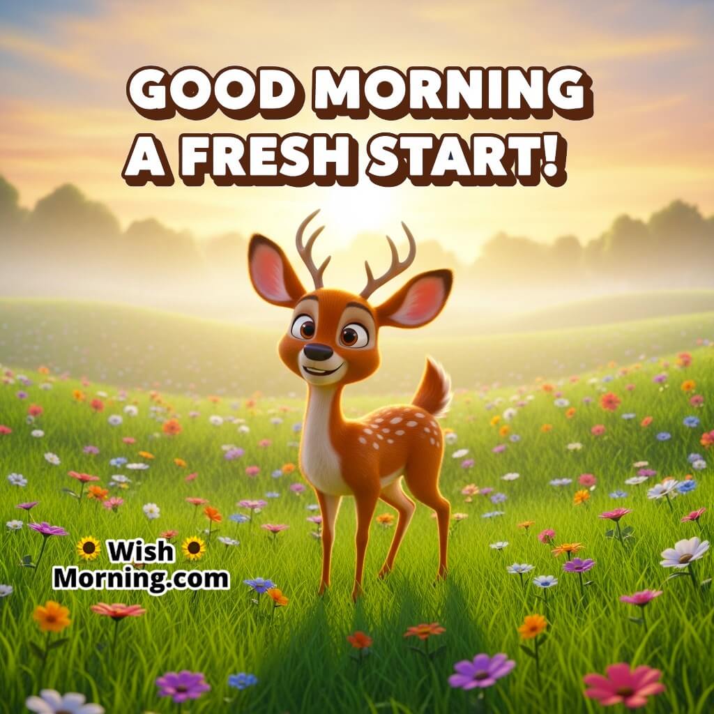 Good Morning Fresh Start featuring a deer standing in a bright green meadow with morning mist, symbolizing peace and renewal.