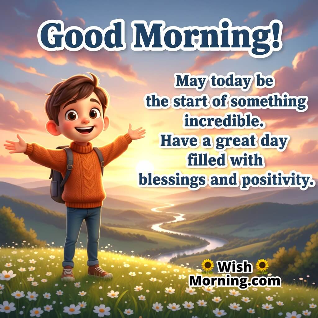 Good Morning Great Day Image featuring a cheerful person on a hilltop, symbolizing fresh beginnings and a hopeful day.