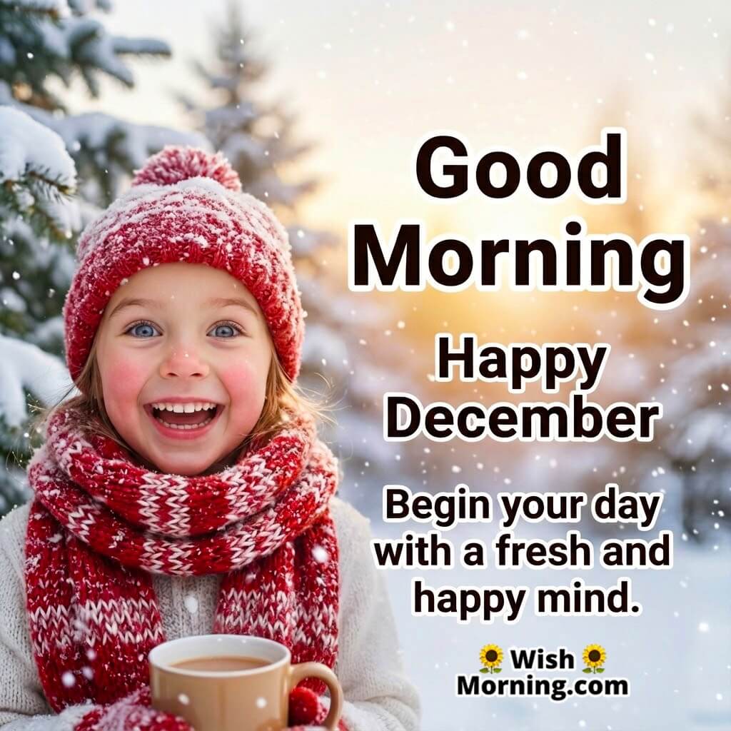 Good Morning Happy December Fresh Mind Image featuring a cheerful winter girl in soft snowfall symbolizing a fresh and happy start to the morning.