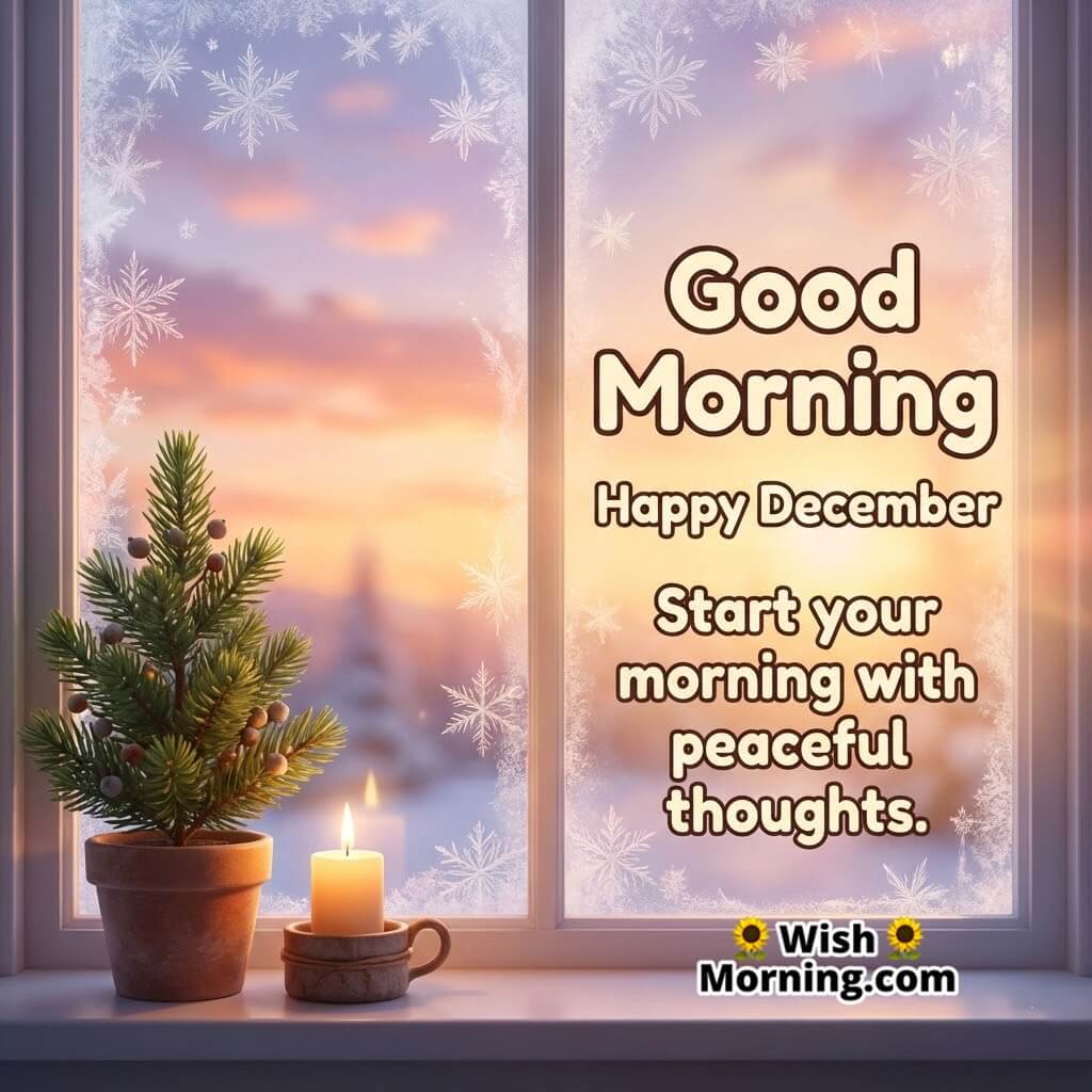 Good Morning Happy December Peaceful Thoughts Image featuring a frosty sunrise through a window and candlelight symbolizing a calm and positive start to the day.