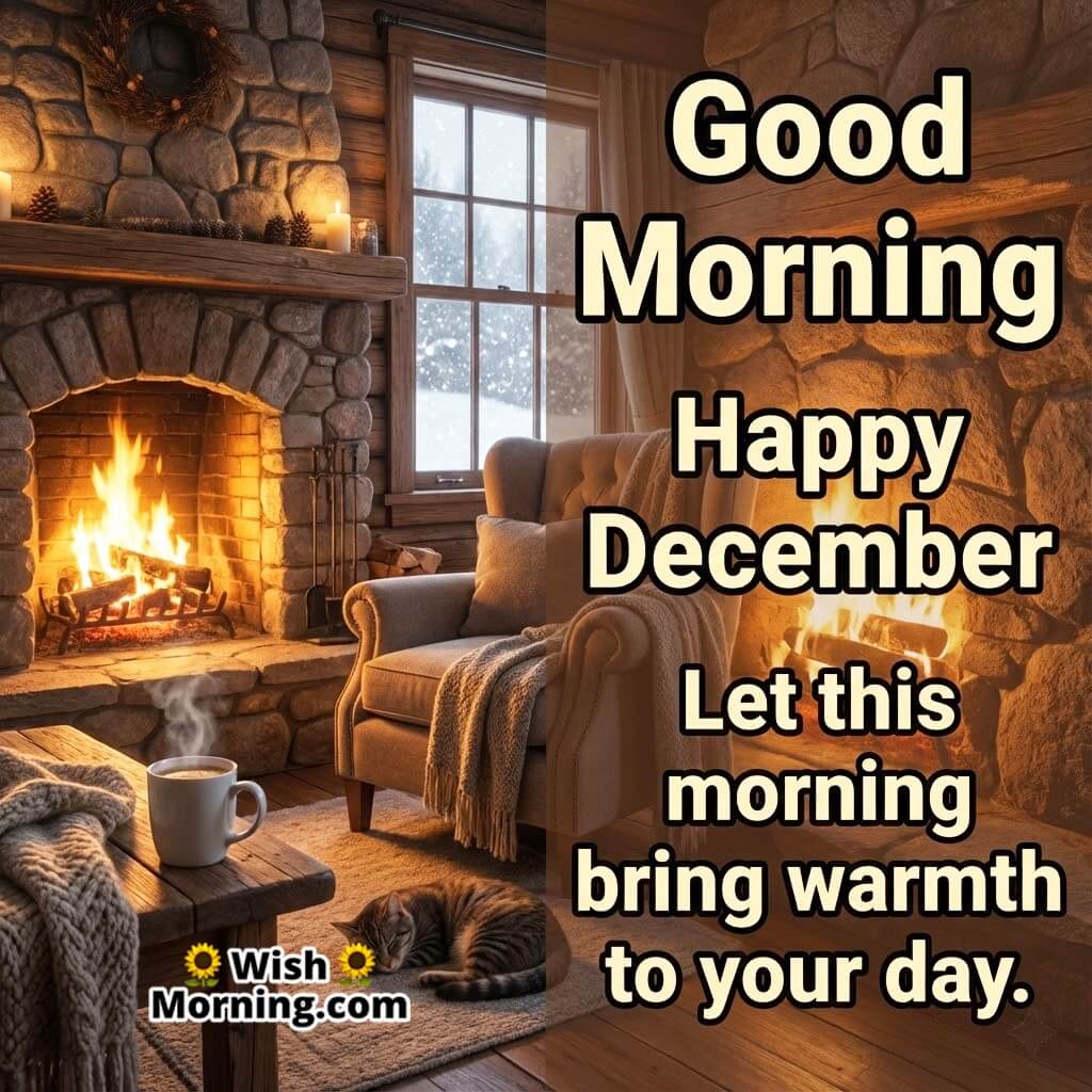 Good Morning Happy December Warm Day Image featuring a cozy fireplace and steaming coffee symbolizing comfort and gentle morning warmth.
