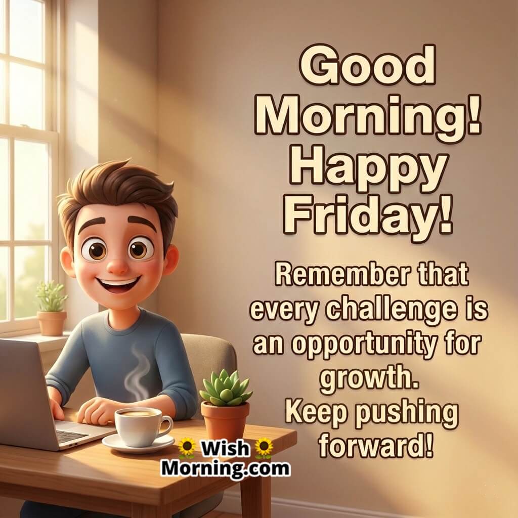 Good Morning Happy Friday Workspace Growth Message Image featuring a warm cozy desk scene and a cheerful figure, symbolizing focus, growth, and positivity.