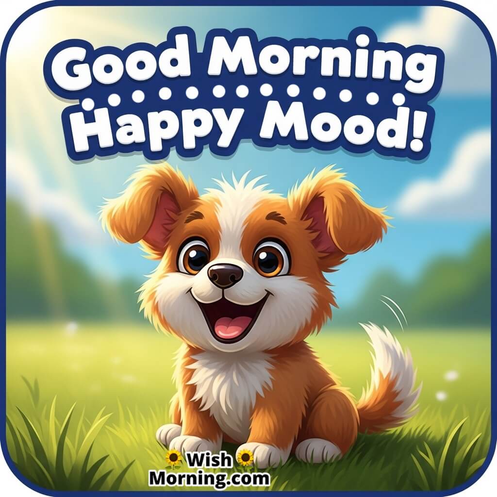 Good Morning Happy Mood featuring a smiling puppy sitting on green grass, symbolizing happiness and fresh energy.