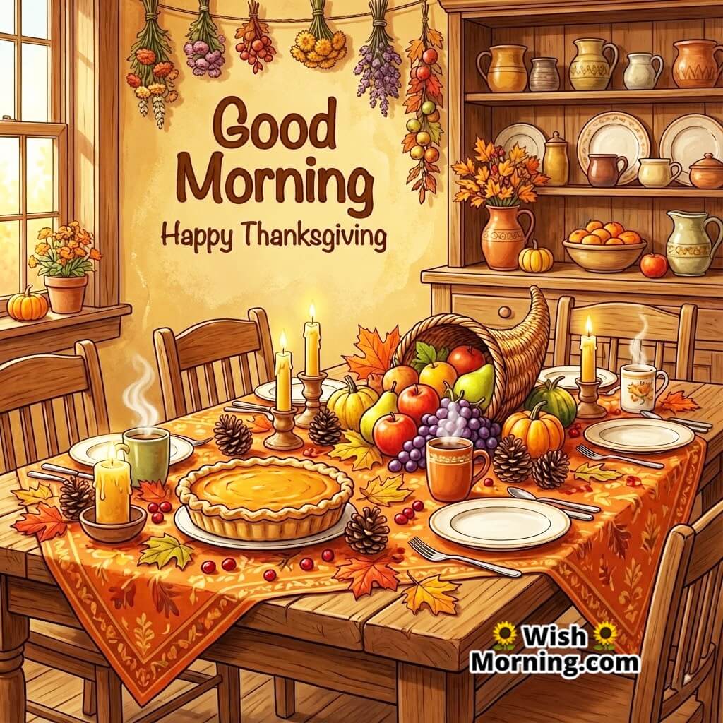 Good Morning Happy Thanksgiving card featuring a festive decorated table with pie and candles symbolizing warmth and gratitude.