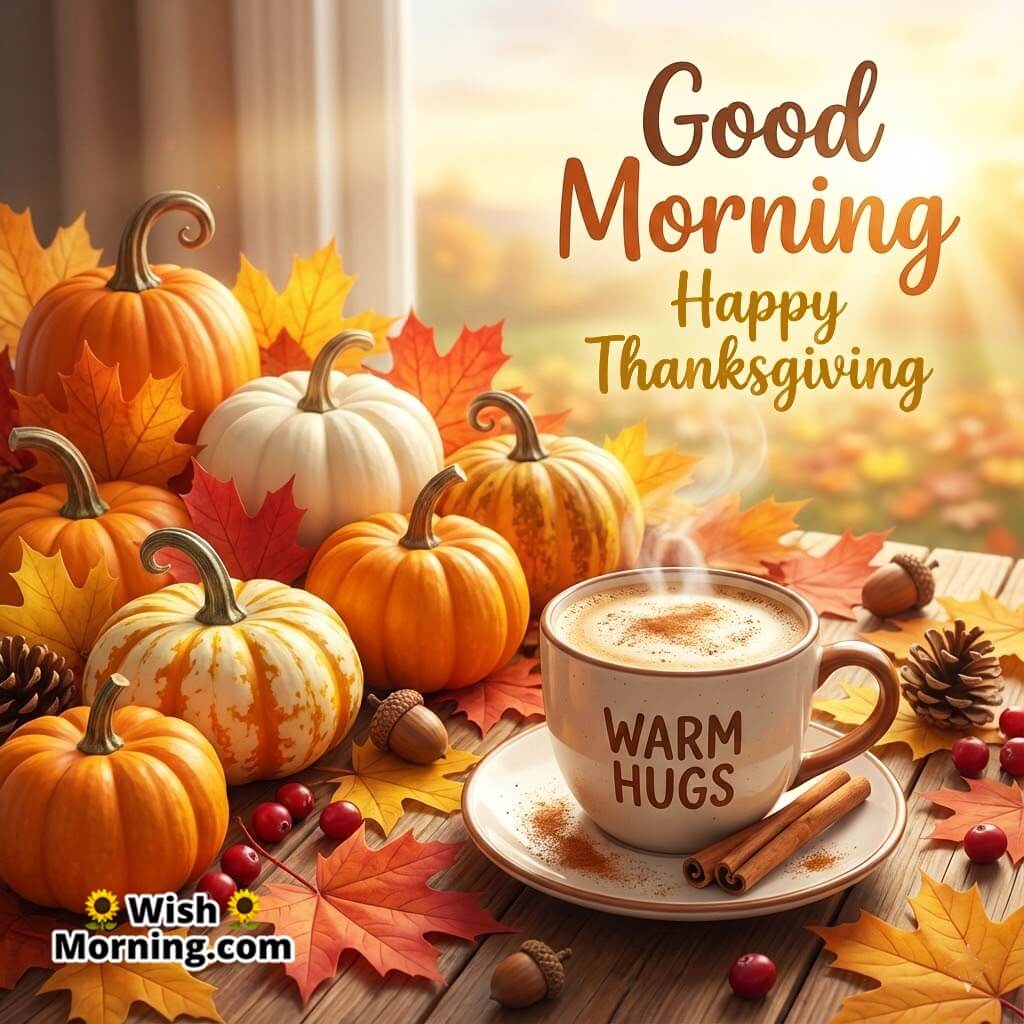 Good Morning Happy Thanksgiving card featuring pumpkins, coffee, and autumn leaves symbolizing warmth and festive gratitude.