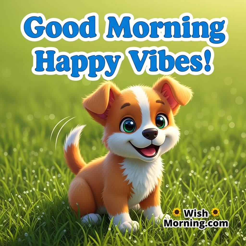 Good Morning Happy Vibes featuring a playful puppy on green grass with warm sunrise, symbolizing joyful energy.