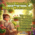 Good morning happy Wednesday intention setting image featuring a peaceful sunrise and a calm figure, symbolizing focus, clarity, and purposeful energy.