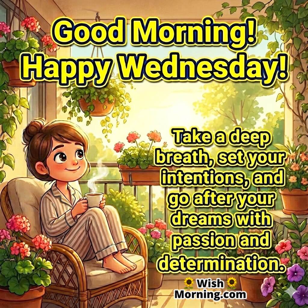 Good morning happy Wednesday intention setting image featuring a peaceful sunrise and a calm figure, symbolizing focus, clarity, and purposeful energy.