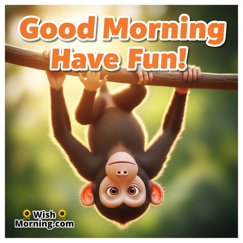 Good Morning Have Fun featuring a playful monkey hanging upside down in bright sunlight, symbolizing laughter and carefree energy.