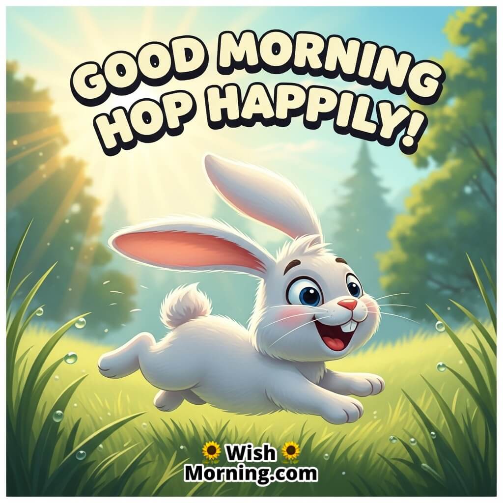 Good Morning Hop Happily featuring a bunny jumping with ears high in morning glow, symbolizing joyful movement.