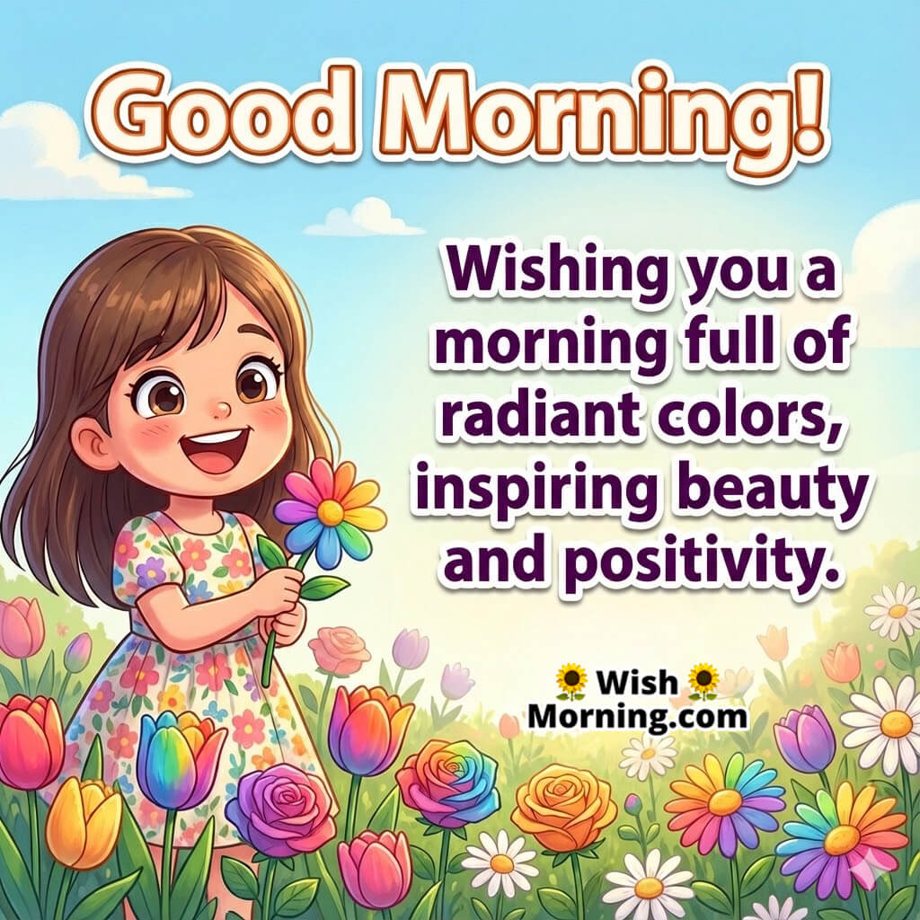 Good Morning image of a girl in a flower garden with rainbow colors, symbolizing life’s beauty and vibrant morning energy.