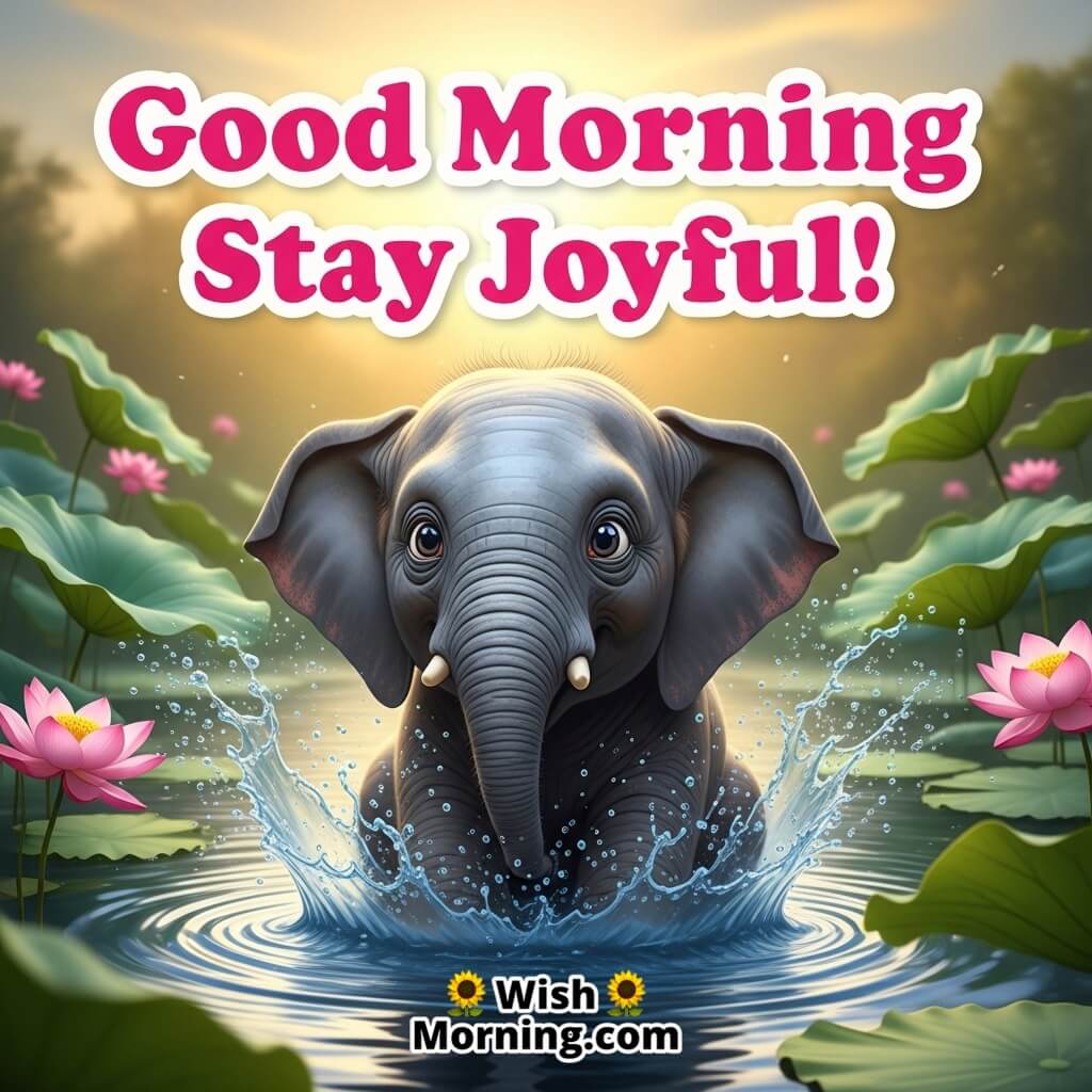 Good Morning Stay Joyful featuring a playful baby elephant near a pond with lotus leaves, symbolizing happiness and innocence.
