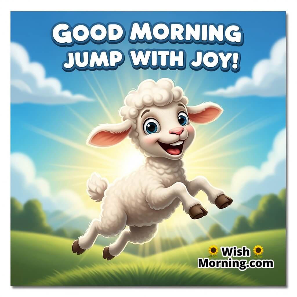 Good Morning Jump with Joy featuring a lamb leaping happily in sunlight, symbolizing lively and positive movement.