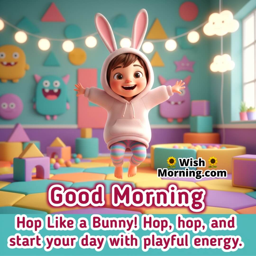 A happy child hopping with excitement like a bunny, full of morning energy.