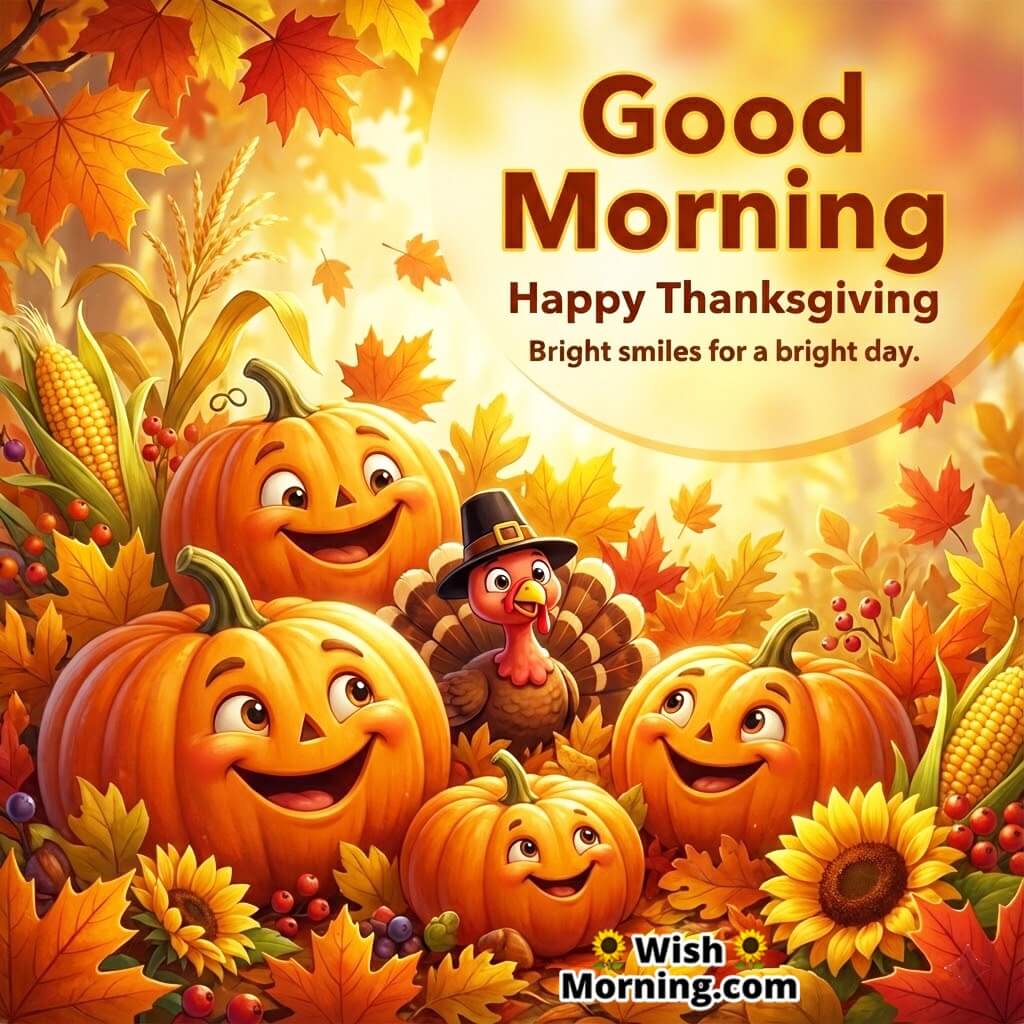 Good Morning Happy Thanksgiving image featuring cute cartoon pumpkins and turkey symbolizing bright morning cheer.