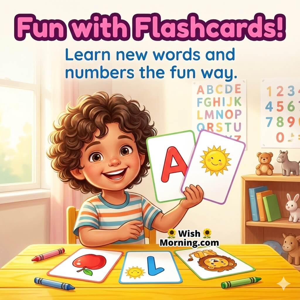 Good Morning Kids Flashcard Activity image featuring a smiling child with flashcards, symbolizing playful early education.