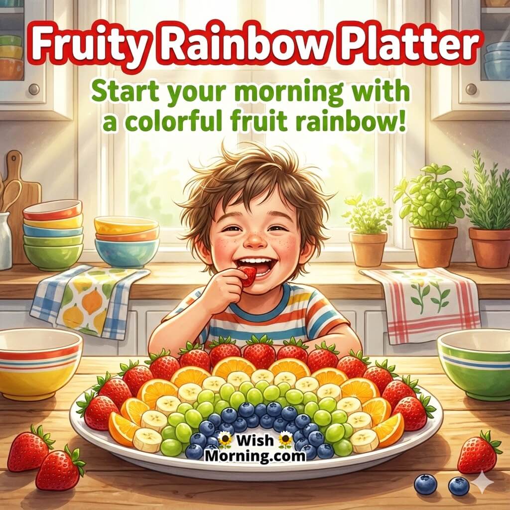 Good Morning Kids image featuring a child enjoying a rainbow fruit platter, symbolizing a healthy and colorful morning start.