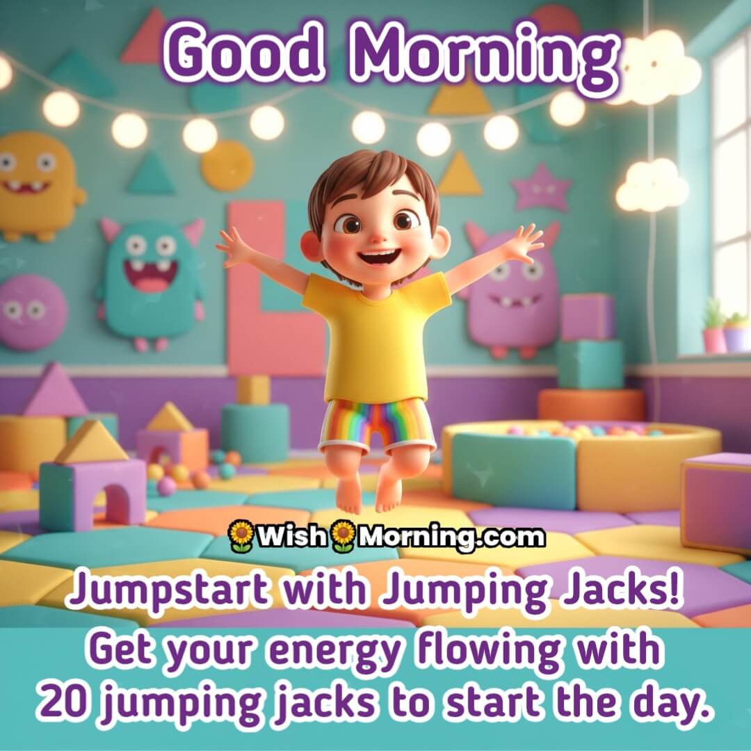 A lively child performing energetic jumping jacks to start the morning actively.