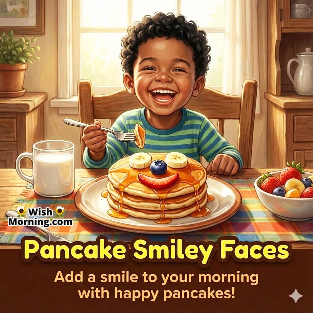 Good Morning Kids image featuring a child enjoying fun smiley face pancakes, symbolizing a cheerful and playful breakfast.
