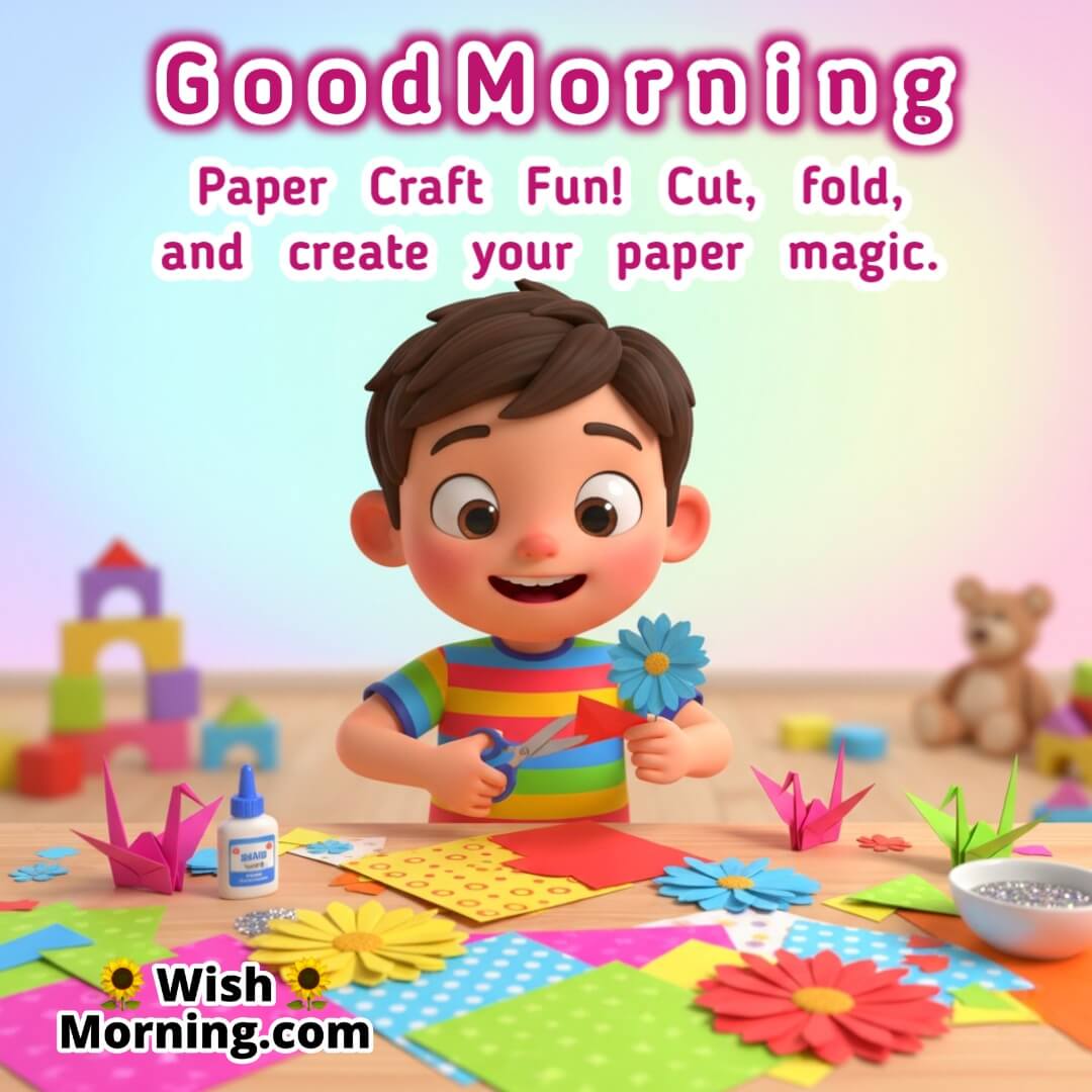 A happy child crafting paper flowers, symbolizing creativity and fun.