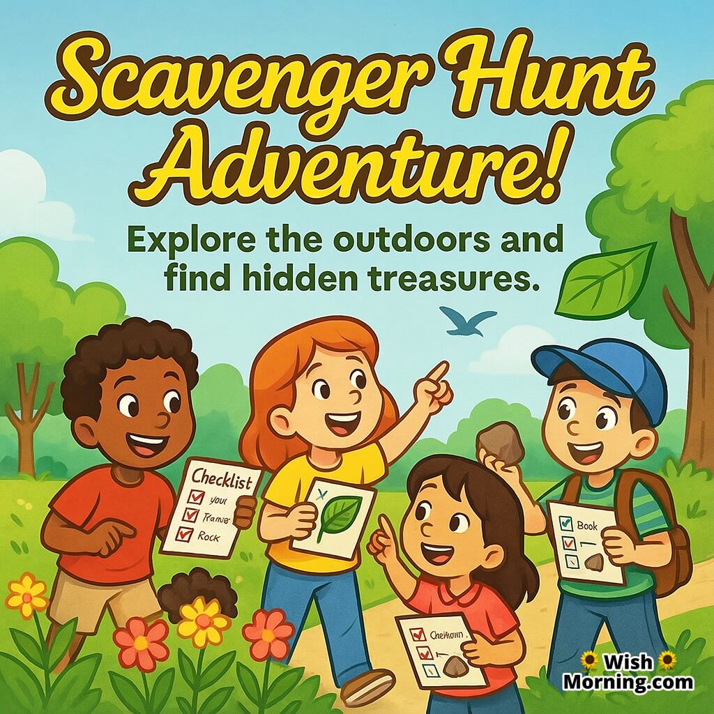Kids enjoying a scavenger hunt in a park, symbolizing adventure and fun.