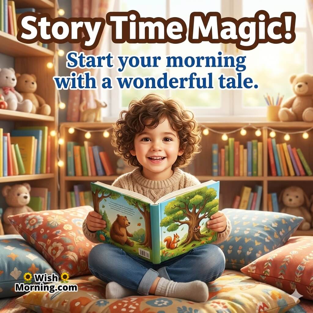 Good Morning Kids Story Time image featuring a joyful child reading a book, symbolizing imagination and joyful learning.