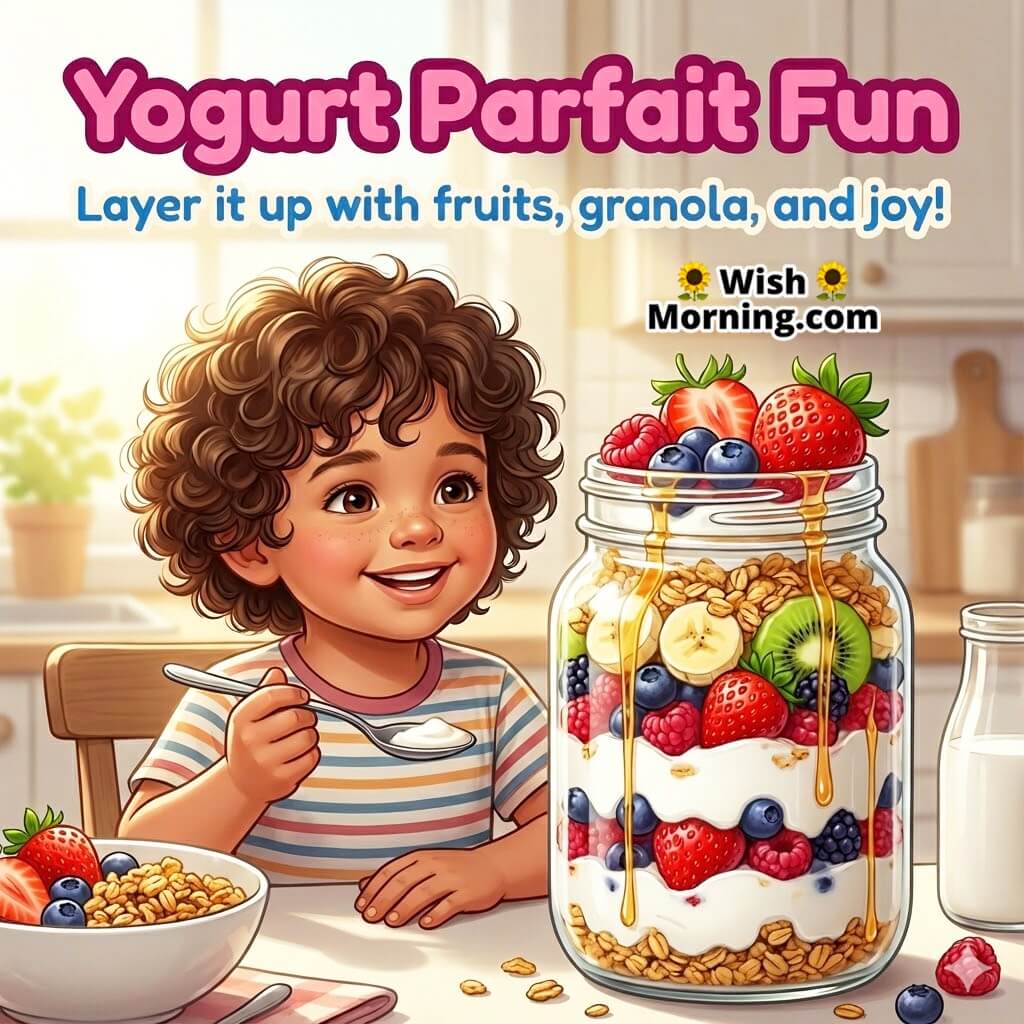 A cheerful child enjoying a yogurt parfait, symbolizing a tasty and healthy morning.