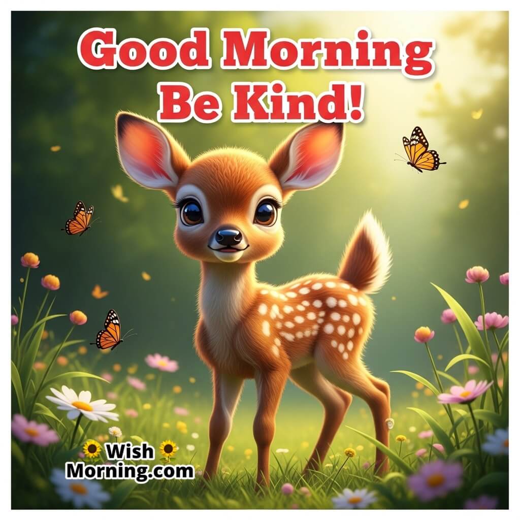 Good Morning Be Kind featuring a small deer standing in a bright green meadow with butterflies, symbolizing gentleness and peace.