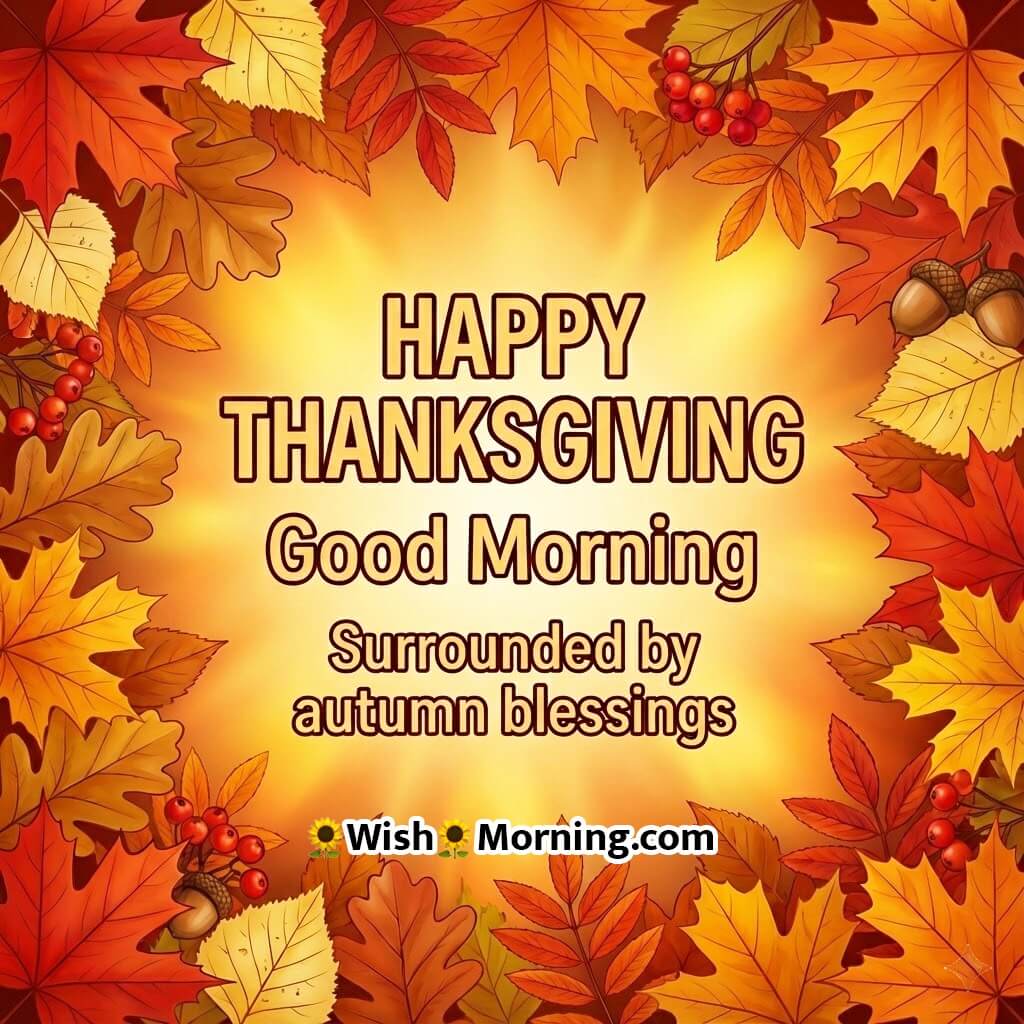 Good Morning Happy Thanksgiving card featuring an autumn leaf border symbolizing seasonal beauty and warmth.