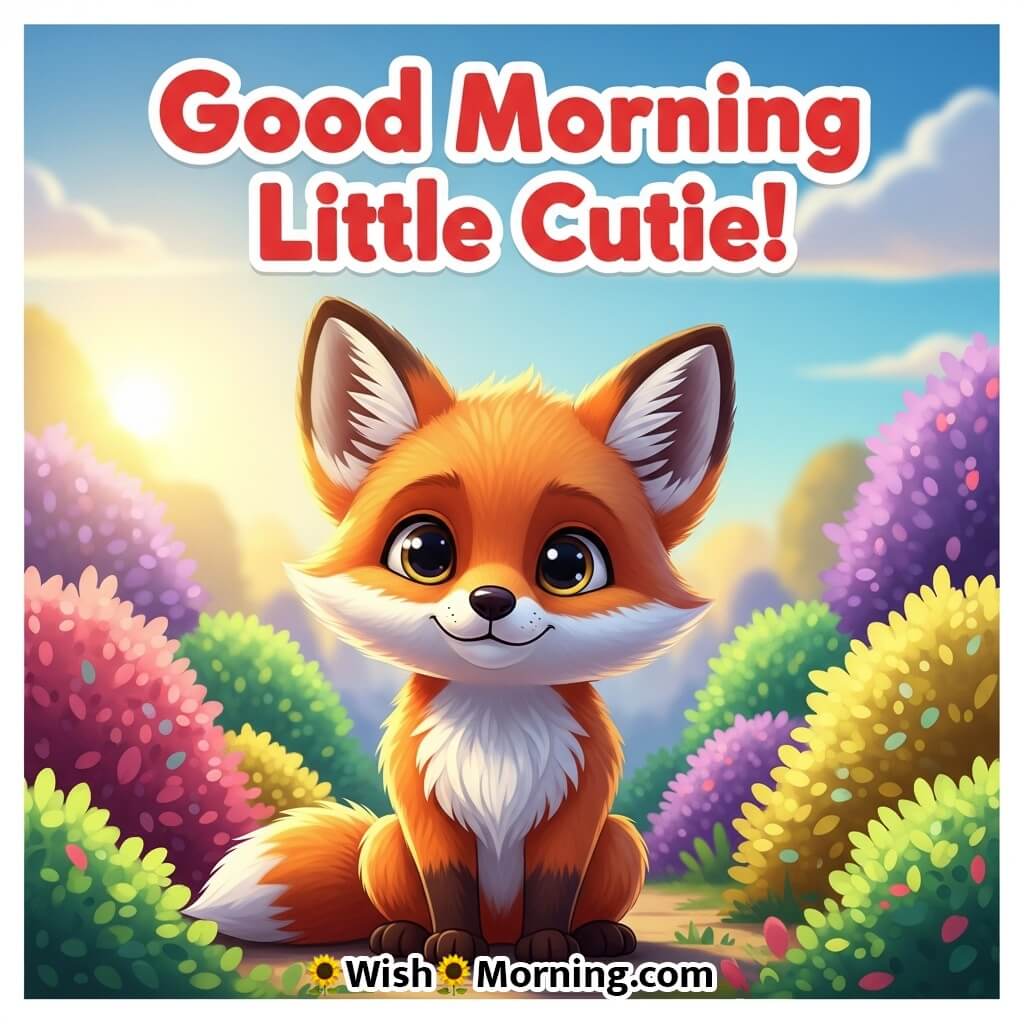 Good Morning Little Cutie featuring a baby fox near bushes in morning glow, symbolizing sweet cheerfulness.