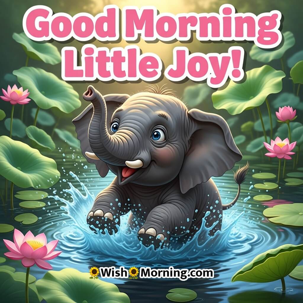 Good Morning Little Joy featuring a baby elephant near a pond with sunrise glow, symbolizing happiness and innocence.