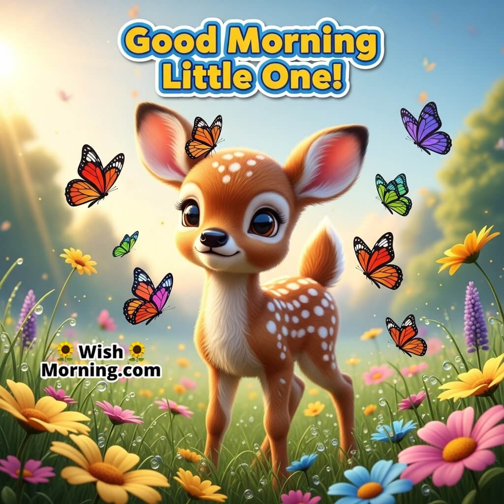 Good Morning Little One featuring a baby deer in a colourful meadow with butterflies, symbolizing purity and fresh hope.