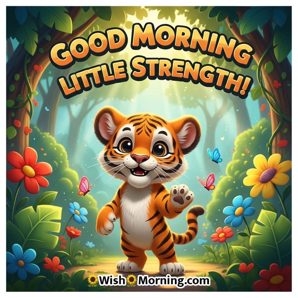 Good Morning Little Strength featuring a tiger cub in gentle jungle light, symbolizing courage and growing power.