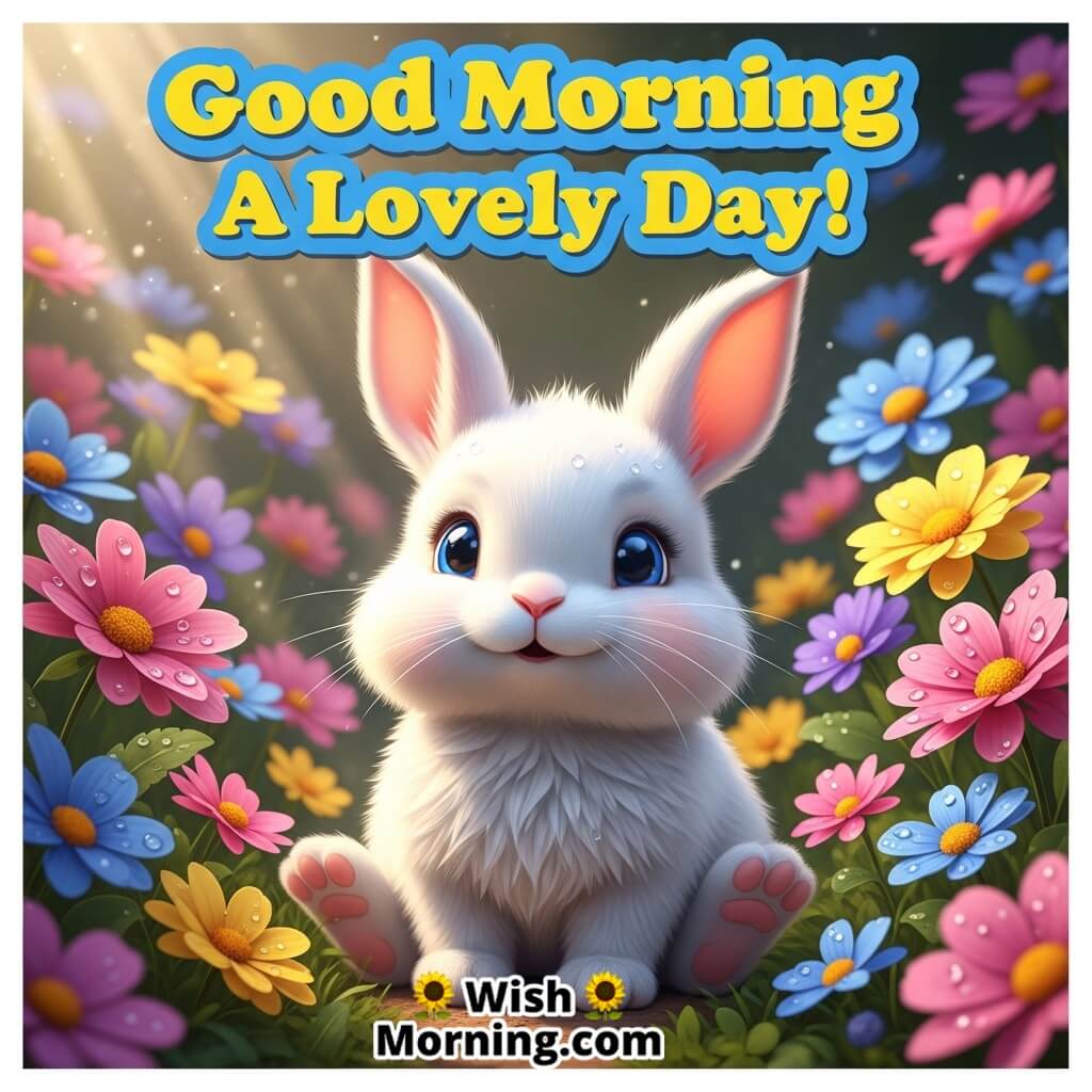 Good Morning Lovely Day featuring a baby rabbit sitting among colourful flowers in gentle sunshine, symbolizing soft happiness.