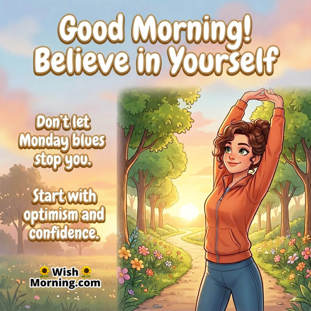 Good Morning image of a woman stretching in park, symbolizing self-belief and Monday confidence.