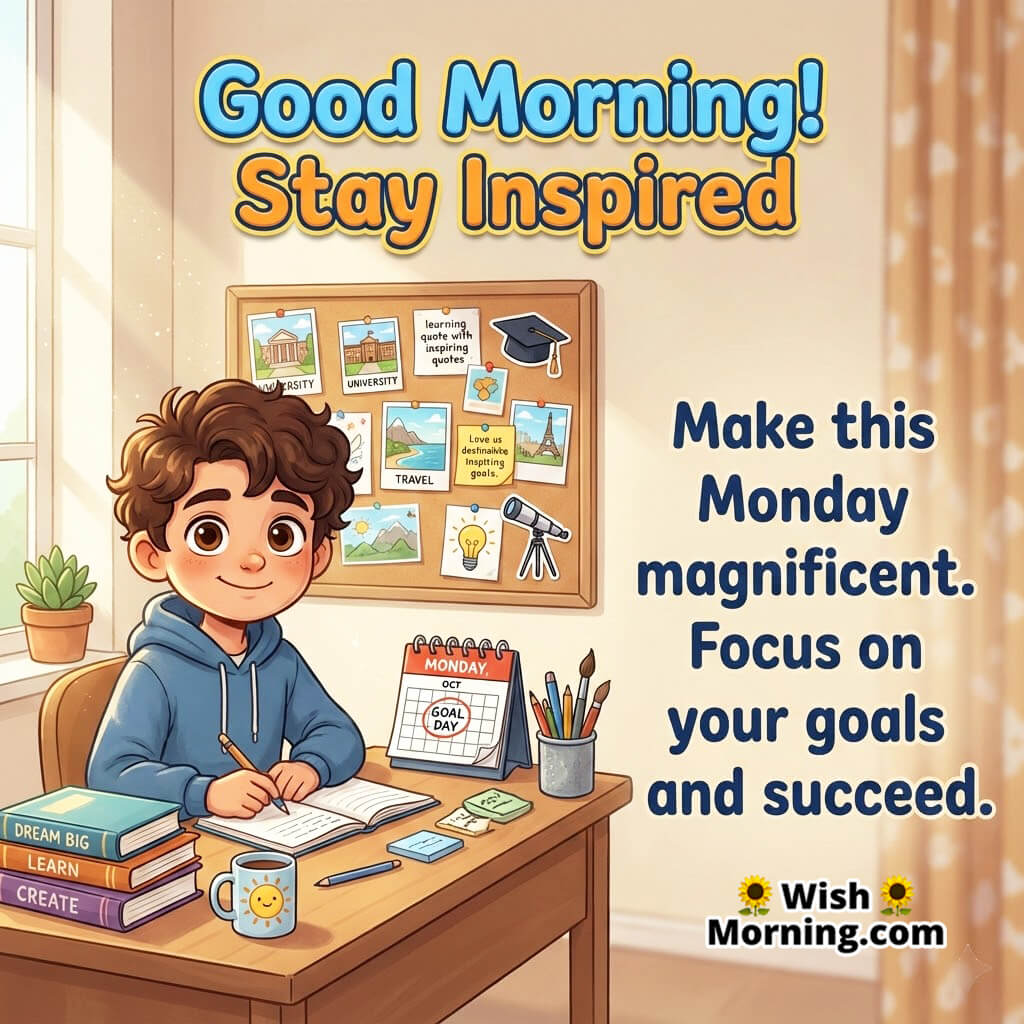 Good Morning image of a student writing at a desk, symbolizing focus and motivation for Monday.