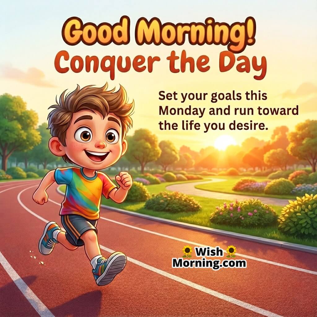 Good Morning image of a person in home office with coffee, symbolizing positivity and achievement on Monday.