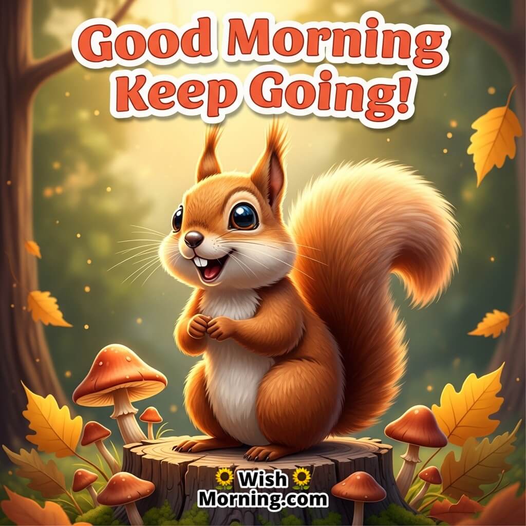 Good Morning Keep Going featuring a happy squirrel on a tree stump with forest elements, symbolizing motivation and steady progress.