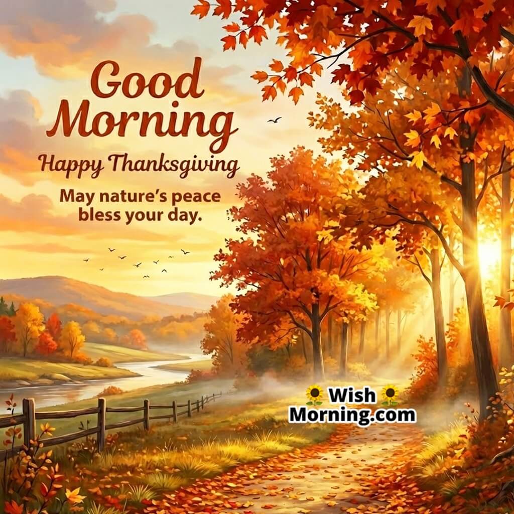 Good Morning Happy Thanksgiving image featuring sunrise, fall colours, and peaceful nature symbolizing calm morning gratitude.