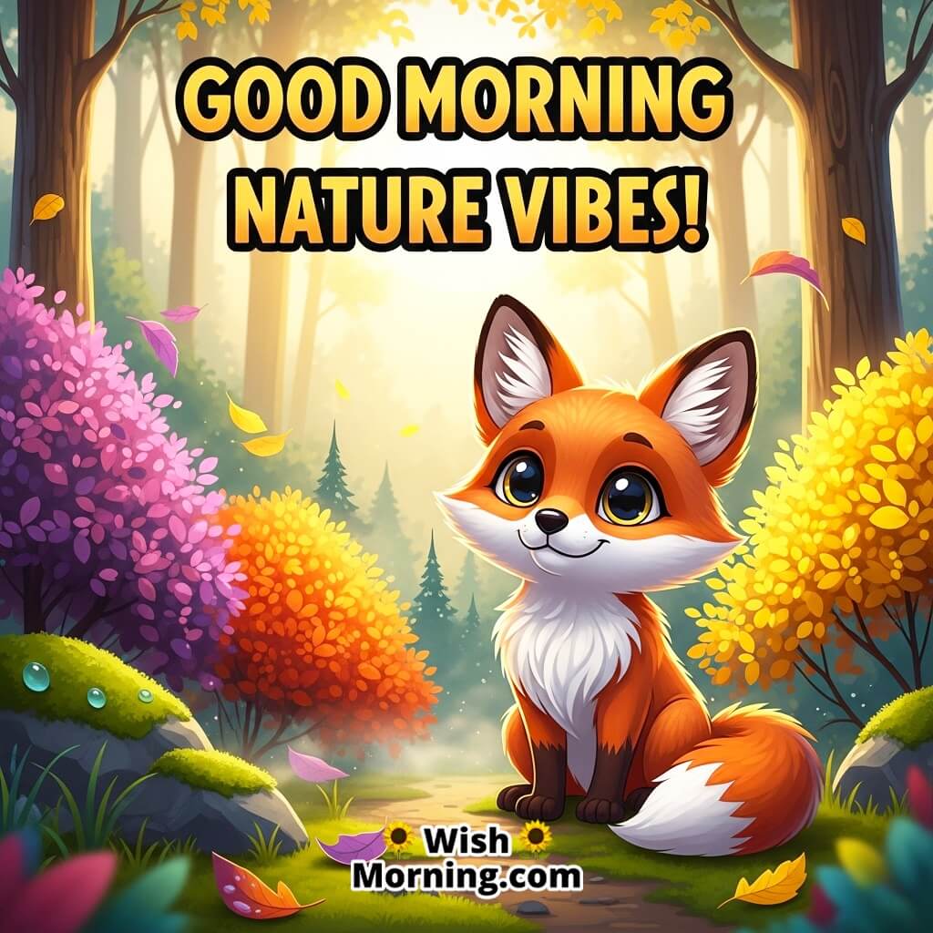 Good Morning Nature Vibes featuring a cute fox sitting near colourful bushes with warm sunrise light, symbolizing fresh natural energy.