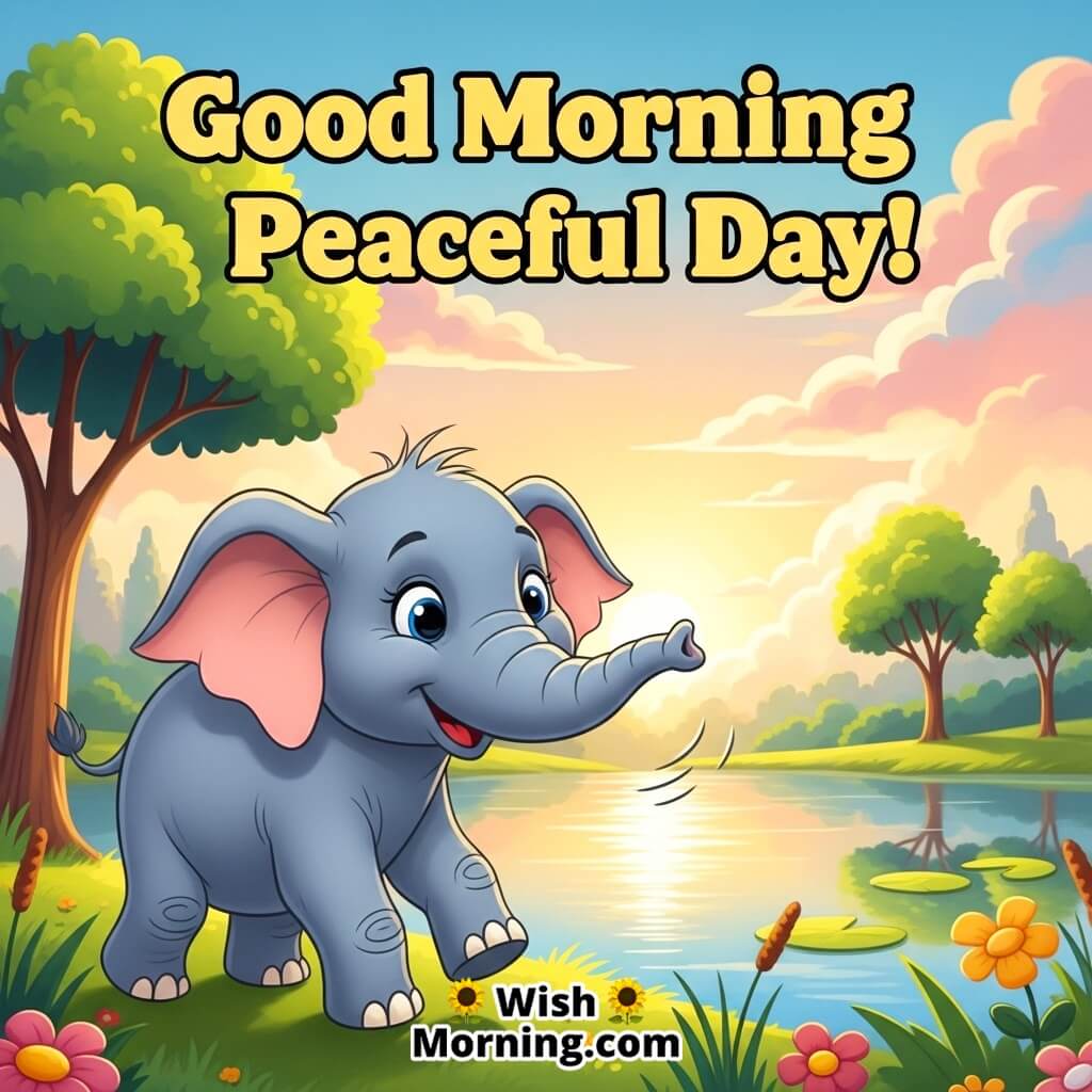Good Morning Peaceful Day featuring a young elephant walking calmly near a pond in morning glow, symbolizing calmness and balance.